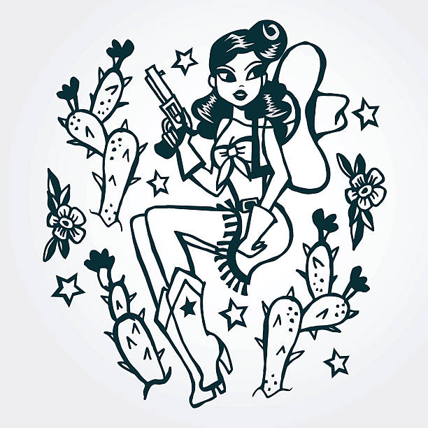 Hand Drawn Vintage Tattoo Ink Cow Girl A retro style vector illustration of hand drawn vintage tattoo ink pin-up girl in cow girl suit holding a pistol and sitting while surrounded by cactus, flowers and stars. vintage pin up girl tattoo stock illustrations
