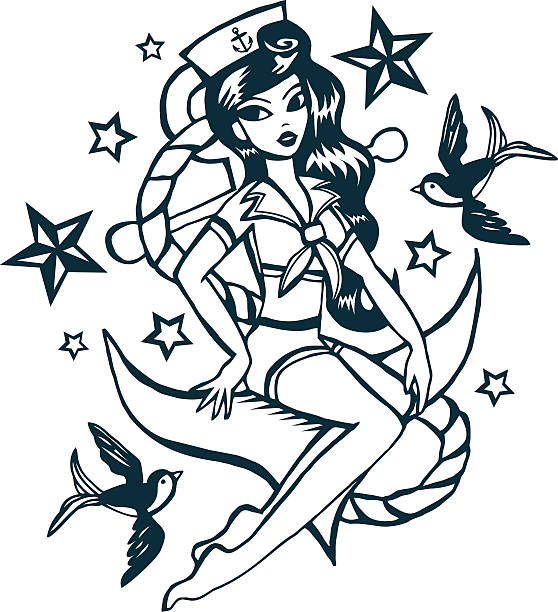 Hand Drawn Vintage Tattoo Ink Sailor Girl A retro style vector illustration of hand drawn vintage tattoo ink pin-up girl in nautical sailor suit sitting on a large oversized anchor while surrounded by swallow birds and stars. pin up tattoo stock illustrations