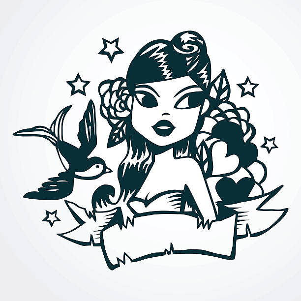 Hand Drawn Vintage Tattoo Ink Girl A retro style vector illustration of hand drawn vintage tattoo ink pin-up girl with swallow bird, flowers and other decorative elements. pin up tattoo stock illustrations