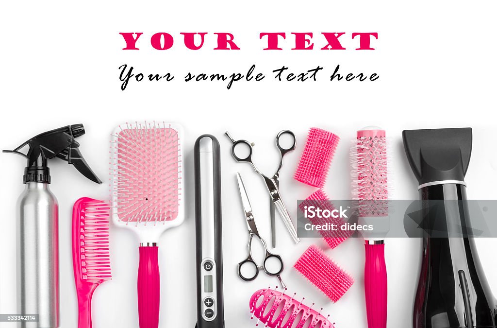 Hairdresser salon tools isolated on white with sample text space Personal Accessory Stock Photo