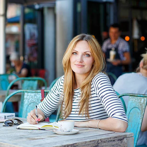 istock Woman drinking coffee and writing notes in cafe 533344146