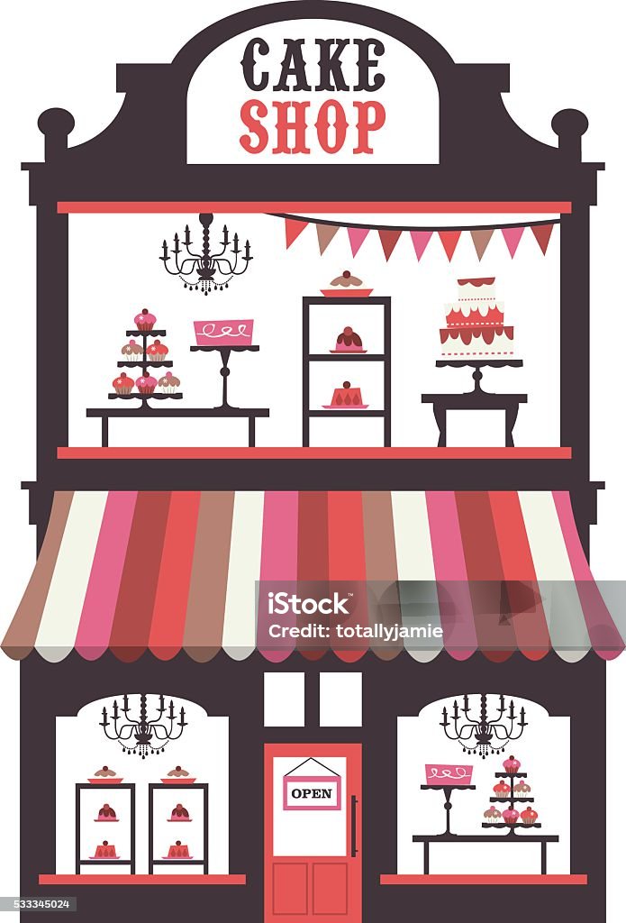 Vintage Victorian Cake Shopfront A chic vector illustration of a vintage victorian double storey cake shopfront with large window display. On the window display, there are cakes, cupcakes, desserts and pies. Store stock vector