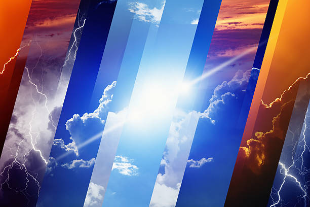 Weather forecast concept Weather forecast concept background - variety weather conditions, bright sun and blue sky; dark stormy sky with lightnings; sunset and night metcast stock pictures, royalty-free photos & images