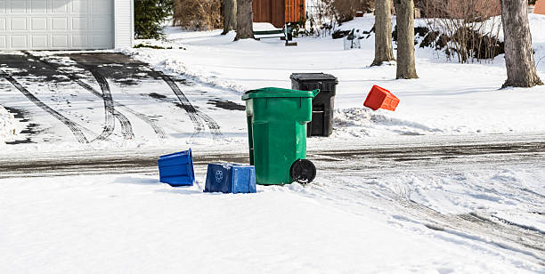 istock Empty Garbage Recycle Bins Along Suburban Winter Street 533346317