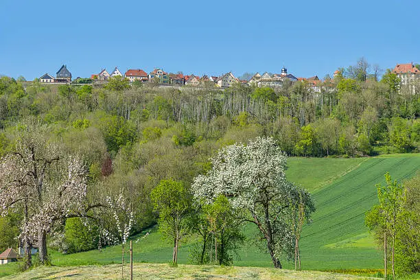 idyllic spring time scenery in Hohenlohe including a small town named Langenburg in Southern Germany