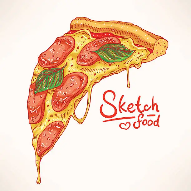 Vector illustration of hand-drawn slice of pepperoni pizza