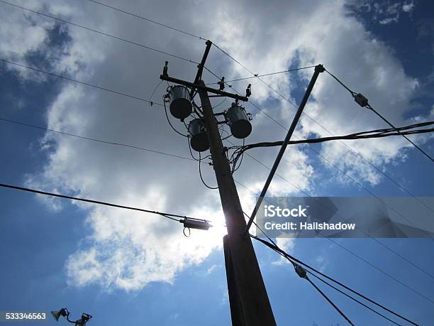 Electricity Pole With Transformers Stock Photo - Download Image Now - 2015, Architecture, Black Color