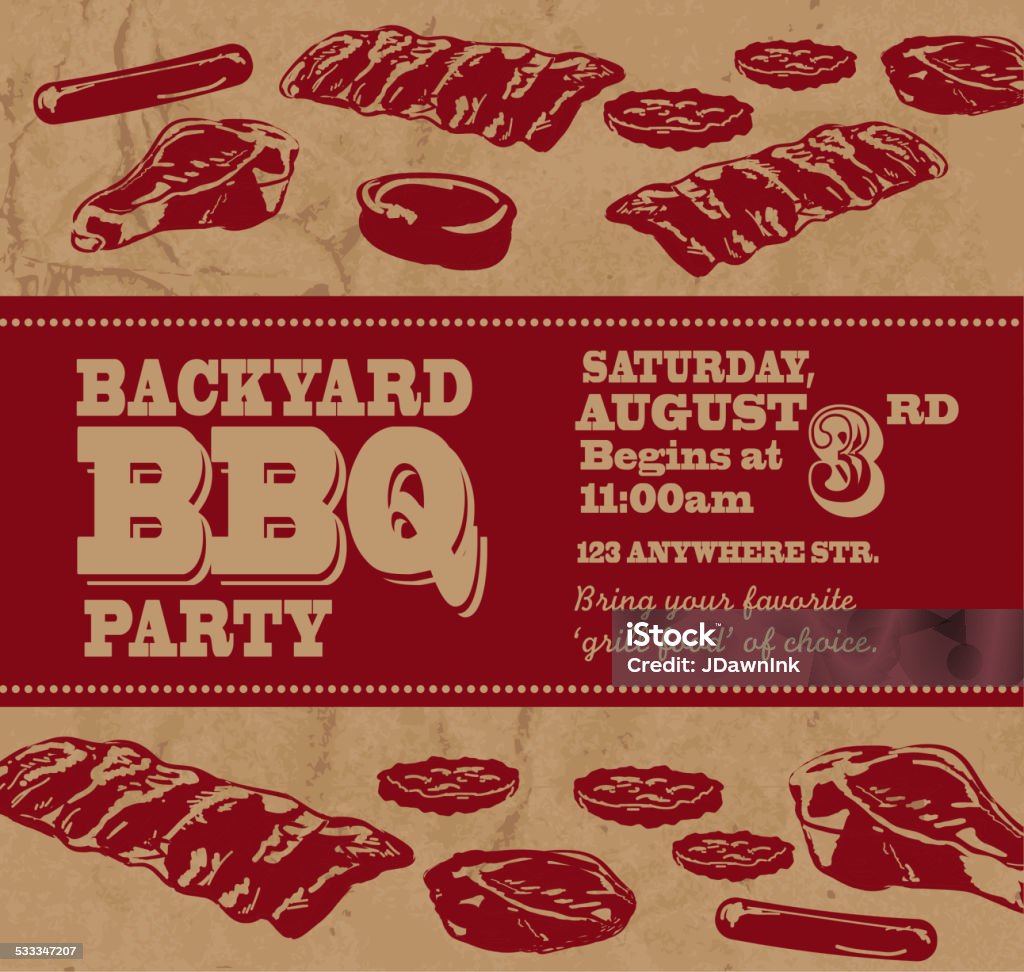 Backyard BBQ themed invitation template with red text Vector illustration of a BBQ themed invitation template. Includes sample text design, BBQ various meat cuts on brown paper background. 2015 stock vector