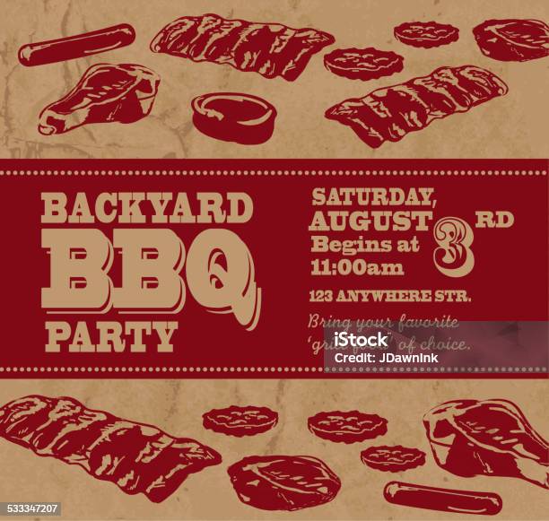 Backyard Bbq Themed Invitation Template With Red Text Stock Illustration - Download Image Now