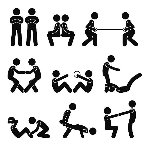 übung training mit einem partner stick figure pictogram icons - männerfreundschaft stock-grafiken, -clipart, -cartoons und -symbole