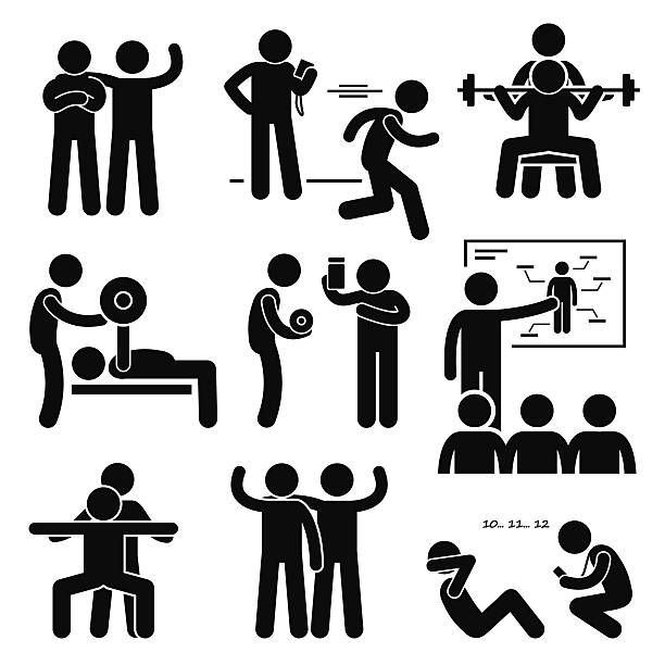 illustrazioni stock, clip art, cartoni animati e icone di tendenza di personal trainer, palestra pullman istruttore esercizio allenamento pittogramma - teamwork action symbol people