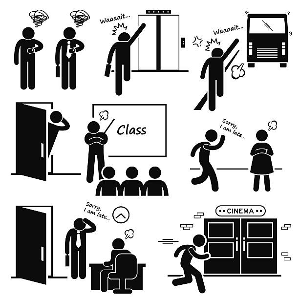 Running Late and Rushing Stick Figure Pictogram A set of human pictogram representing a man is running late for the elevator, bus, class, date, job interview, and also for movie in a cinema. interview event clipart stock illustrations