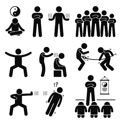 A set of human pictogram representing a master of qi gong performing its power and abilities.