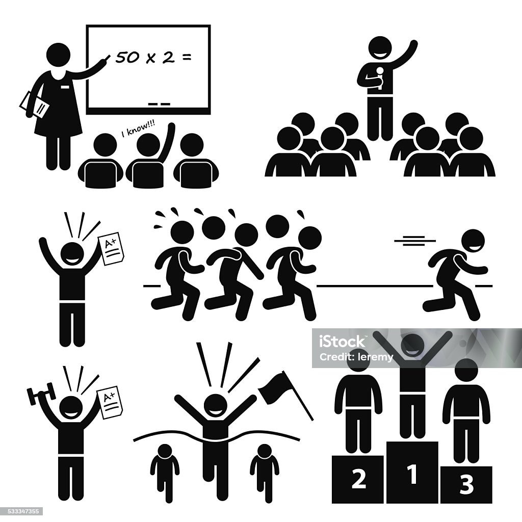 Top Student School Best Outstanding Special Kid Pictogram A set of human pictogram representing a remarkable top student excel in both academic and curriculum. School Building stock vector