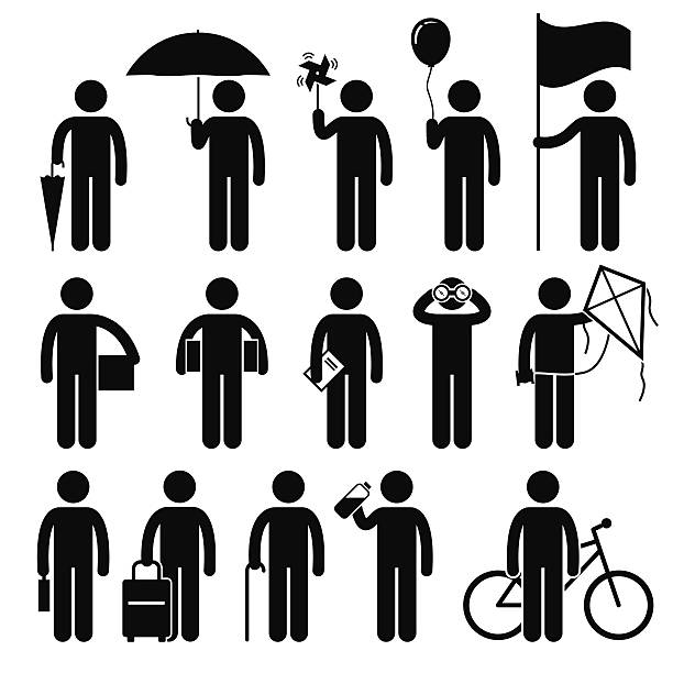 Man with Random Objects Stick Figure Pictogram Icons A set of human pictogram representing man with random objects such as umbrella, pinwheel, balloon, flag, box, boxes, book, binocular, kite, briefcase, luggage, stick, water bottle, and a bicycle. stick figure book stock illustrations