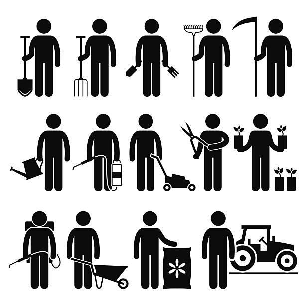 Gardener Man Worker using Gardening Tools and Equipments Pictogram A set of human pictogram representing man using gardening tools such as spade, rake, scythe, watering can, insecticide, lawnmower, trimmer, seeding plant, wheelbarrow, fertilizer, and tractor. garden tractor stock illustrations