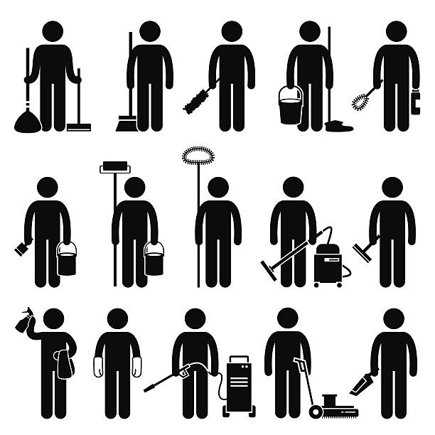 Cleaner Man Cleaning Tools and Equipments Stick Figure Pictogram Icons A set of human pictogram representing man using cleaning equipment such as broom, duster, mop, detergent, paint roller, brush, vacumm, window cleaner, spray, gloves, water jet, floor cleaning machine, and handheld vacuum. carpet sweeper stock illustrations