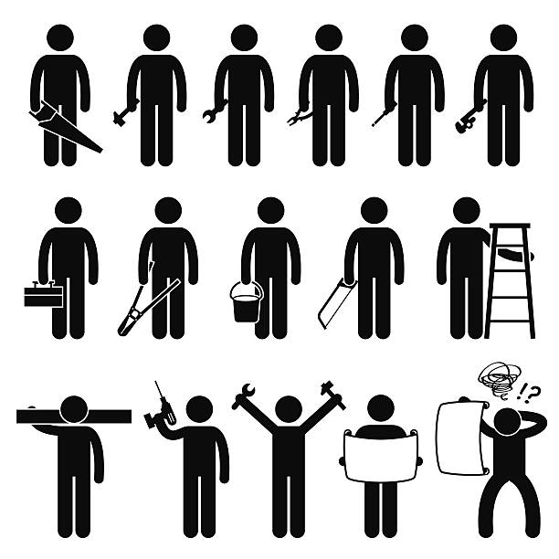Handyman Worker using DIY work tools Stick Figure Pictogram Icons A set of human pictogram representing a handyman holding saw, hammer, spanner, pliers, screwdriver, wrench, toolbox, bucket, ladder, wooden piece, drill, and a blueprint document. blueprint silhouettes stock illustrations
