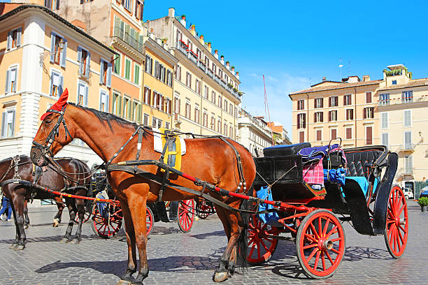 Horse drawn carriage waiting for tourists at Piazza di Spagna at the foot of the Spanish Steps in Rome on a sunny day in spring.
