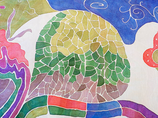 istock abstract leaf on gray, green and blue silk batik 533347702