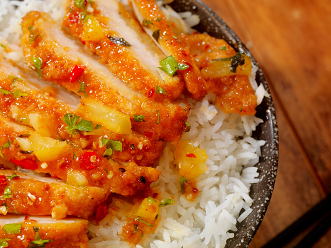 Sweet and Sour Chicken with Pineapple, Chilli Peppers and Parsley -Photographed on Hasselblad H3D2-39mb Camera