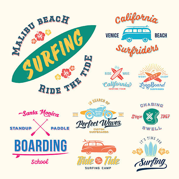 ilustrações, clipart, desenhos animados e ícones de ilustração em estilo retrô de surfe marcas, logotipos ou camiseta estampada - woodie