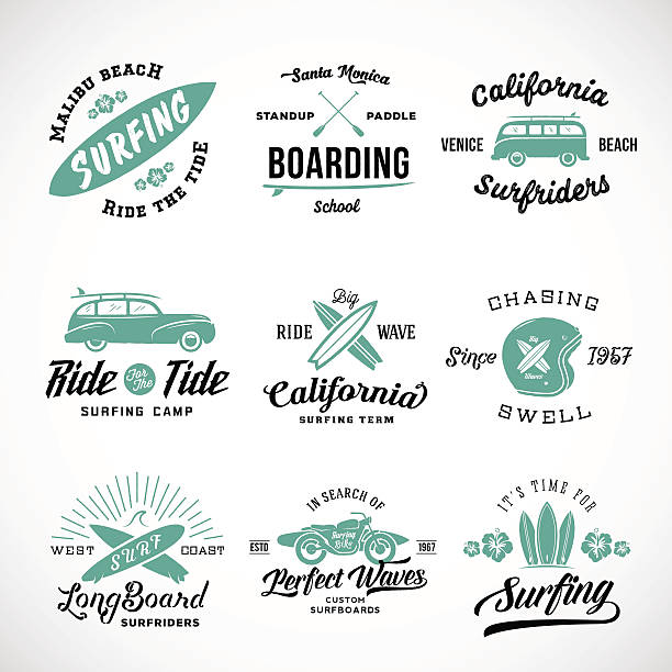 wektor styl retro surfing etykietki, logo lub koszulka graphic - woodie stock illustrations