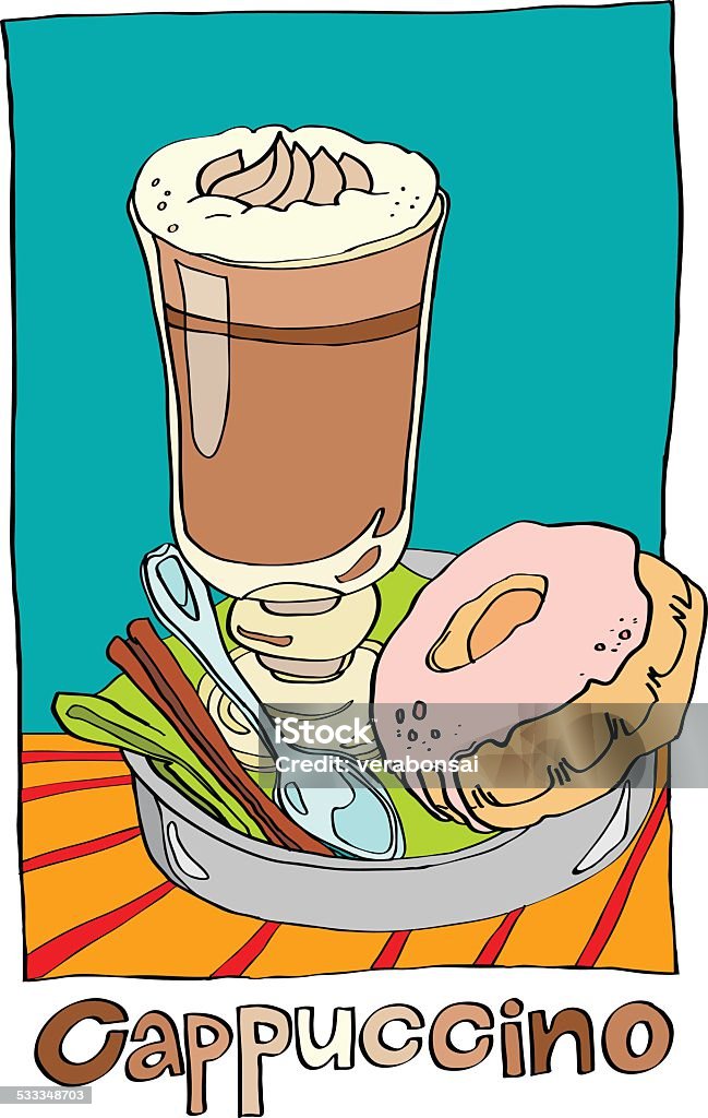 cappuccino cappuccino in a glass standing on a tray beside cinnamon stick and spoon 2015 stock vector