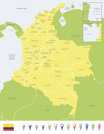Detailed map of Colombia with navigation icons. 
