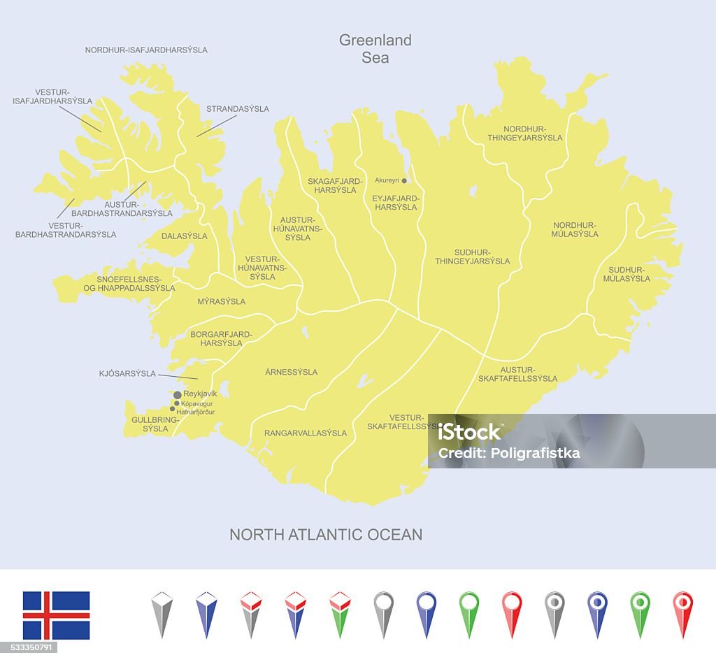 Map of Iceland Detailed map of Iceland with navigation icons. 2015 stock vector