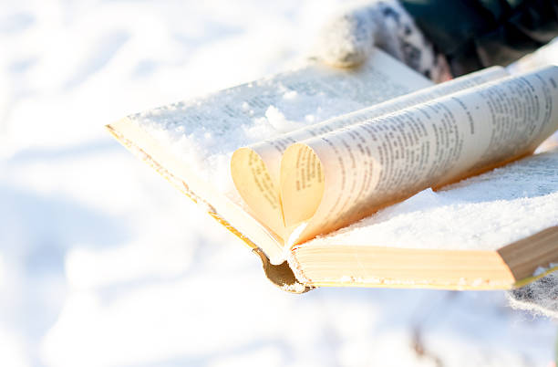 ブックの背景に雪の冬 - book picture book reading storytelling ストックフォトと画像