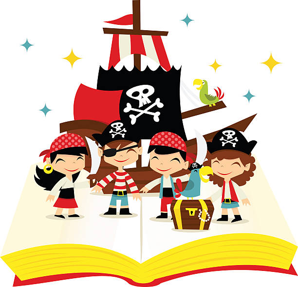 ilustraciones, imágenes clip art, dibujos animados e iconos de stock de retro pirata aventura libro de historia - childrens literature