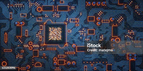 Complex Circuit Board On Dark Surface Stock Photo - Download Image Now - Circuit Board, Computer Chip, Mother Board