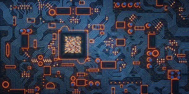 Photo of Complex Circuit Board on Dark Surface