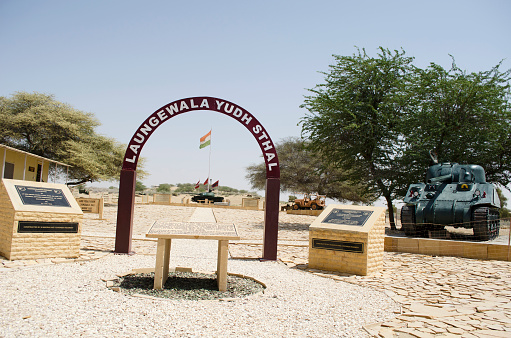 Laungewala, Rajasthan, India - 11 May 2016 : Captured tanks and vehicles dot the war memorial dedicated to Indian soldiers who laid down their lives in the fierce battle between India and Pakistan in 1971