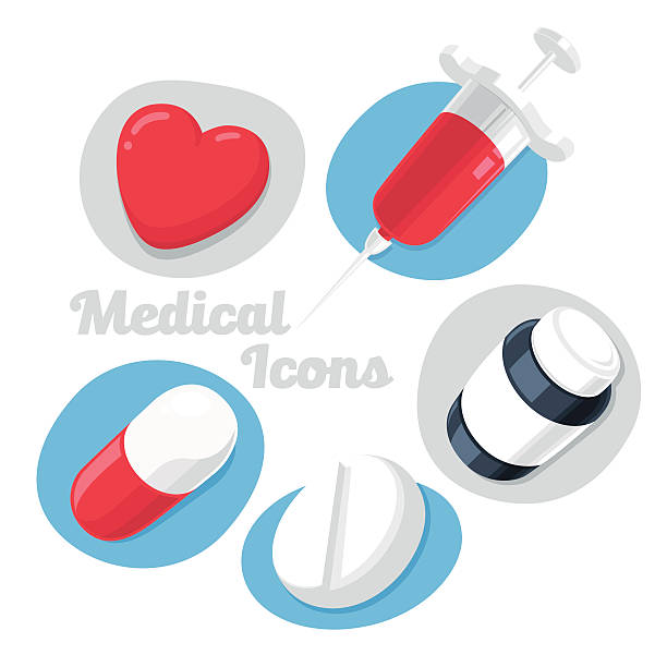 Medical Theme Icons Set Medical Theme Icons Set Isolated on White Background. (Heart, Pills, Syrup, Syringe). Vector Illustration. cartoon of caduceus medical symbol stock illustrations
