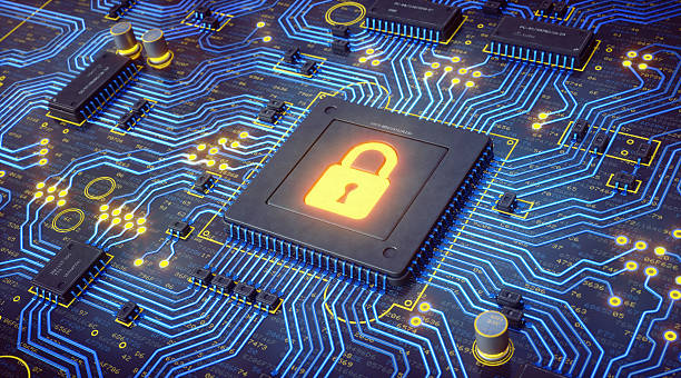 incandescente blu circuito con chiusura di sicurezza - network security computer antivirus software security foto e immagini stock