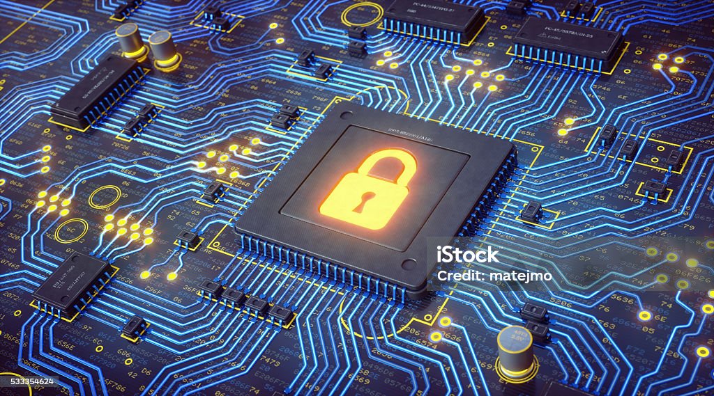 Glowing Blue Circuit With Security Lock An abstract 3D render of a microprocessor on a circuit board with many electrical components installed. The central microprocessor has an integrated security lock in glowing yellow color. Components are labelled with random serial numbers, with many connections glowing in yellow color too. Security Stock Photo