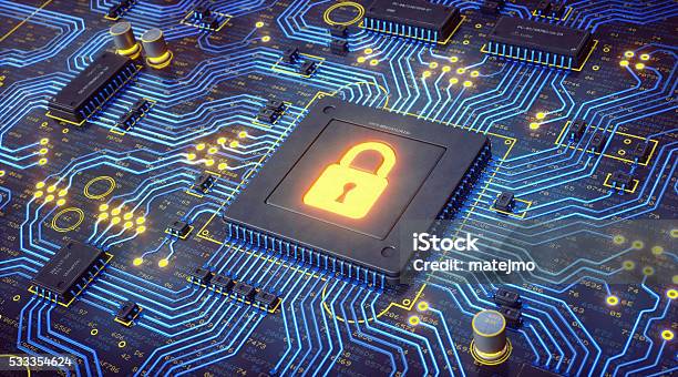 Glowing Blue Circuit With Security Lock Stock Photo - Download Image Now - Security, Security System, Internet