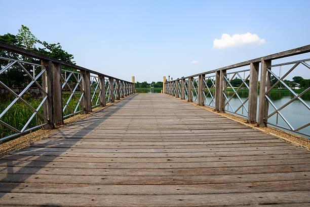 Background picture, of a bridge in public park. Small stream of water in the middle and some bushes in the back. The bridge is made of weathered wood and the water is green.