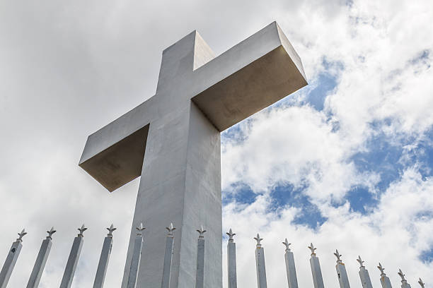 The Three Crosses monument overlooking Vilnius Old Town on sunset. Vilnius landscape from the Hill of Three Crosses, located in Kalnai Park, Lithuania.