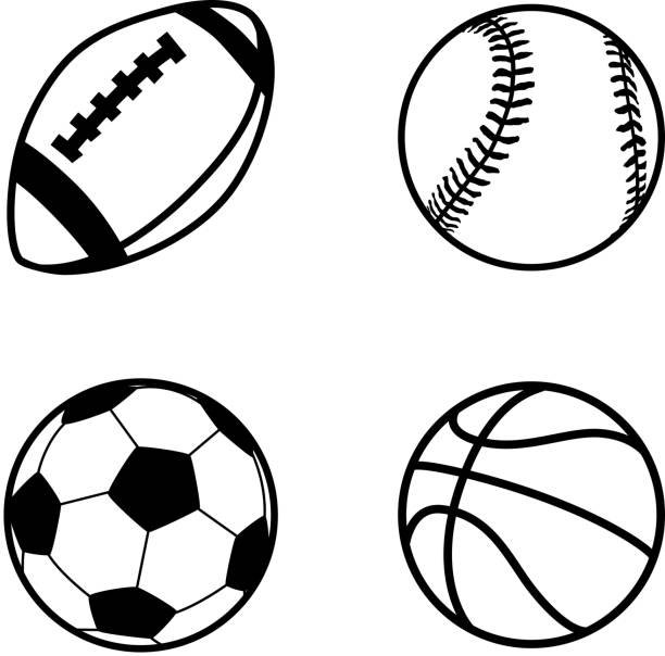 ilustrações, clipart, desenhos animados e ícones de quatro simples preto ícones do esporte bolas - tennis ball american football football