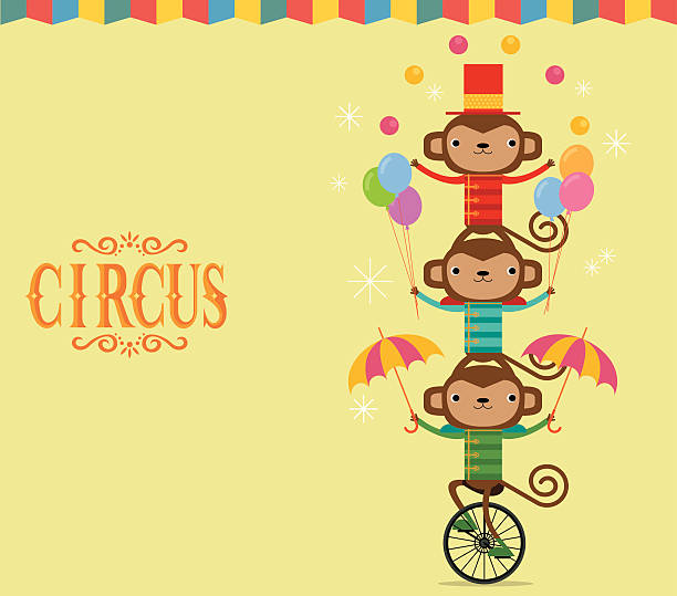 Circus monkey juggling Monkey juggling with a bicycle circus clown carnival harlequin stock illustrations