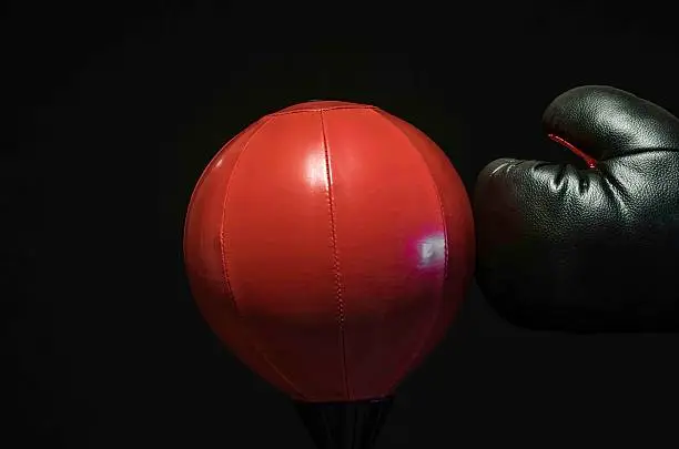 boxer punching a swing ball, studio isolated, colour image