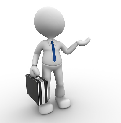 3d people - man, person presenting - pointing. Businessman