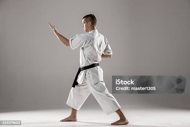 Man In White Kimono Training Karate Stock Photo - Download Image Now - 2015, Active Lifestyle, Activity