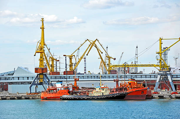 istock Bunker ship and tugboat under port crane 533380499