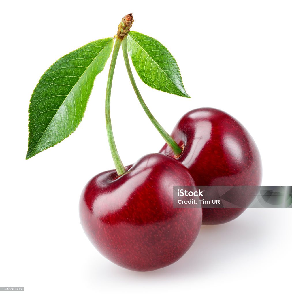 Cherry avec feuilles isolé sur fond blanc - Photo de Cerise libre de droits