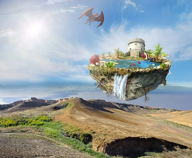 dragon island with a medieval castle, lake and waterfall is flying over mountains landscape