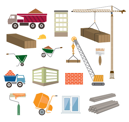 construction of buildings colored vector icons on white background